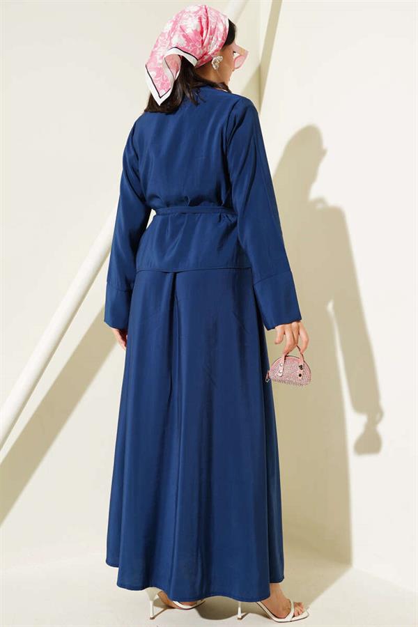 Buttoned Belted Vest 2 Piece Set Navy Blue