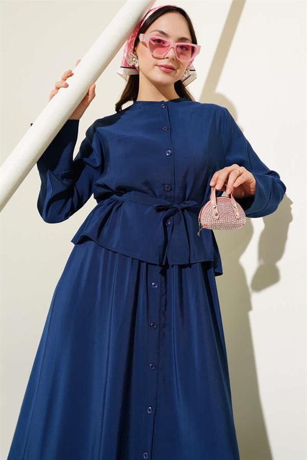 Buttoned Belted Vest 2 Piece Set Navy Blue