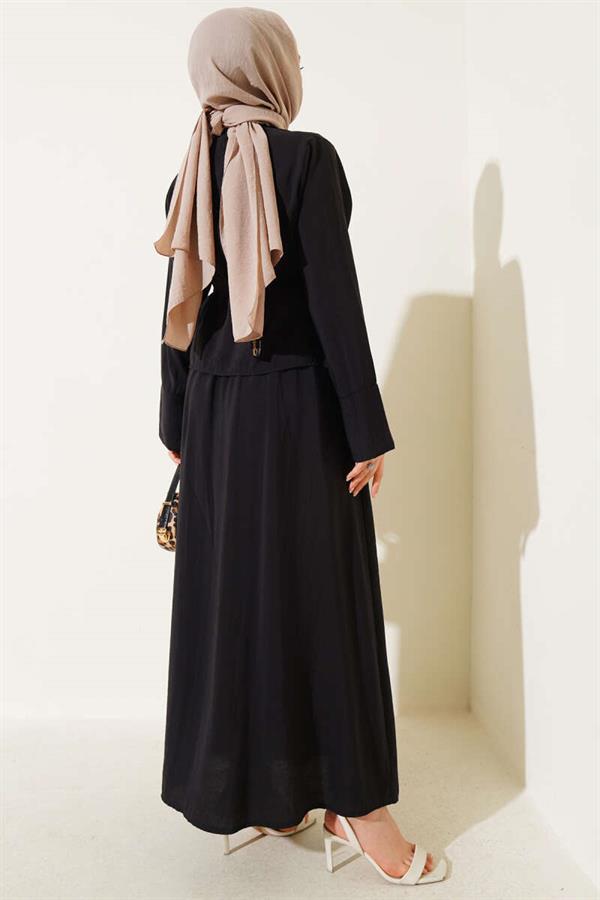 Buttoned Belted Vest 2 Piece Set Black
