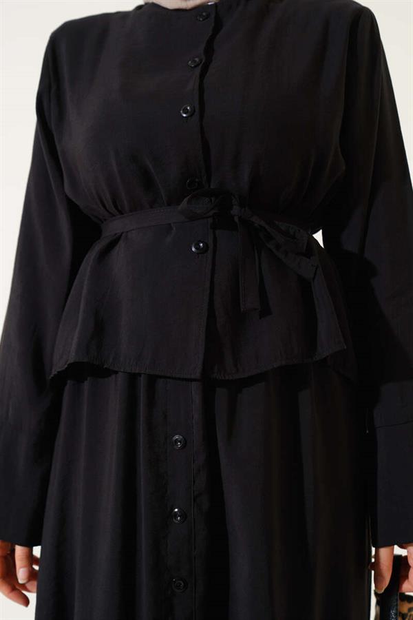 Buttoned Belted Vest 2 Piece Set Black