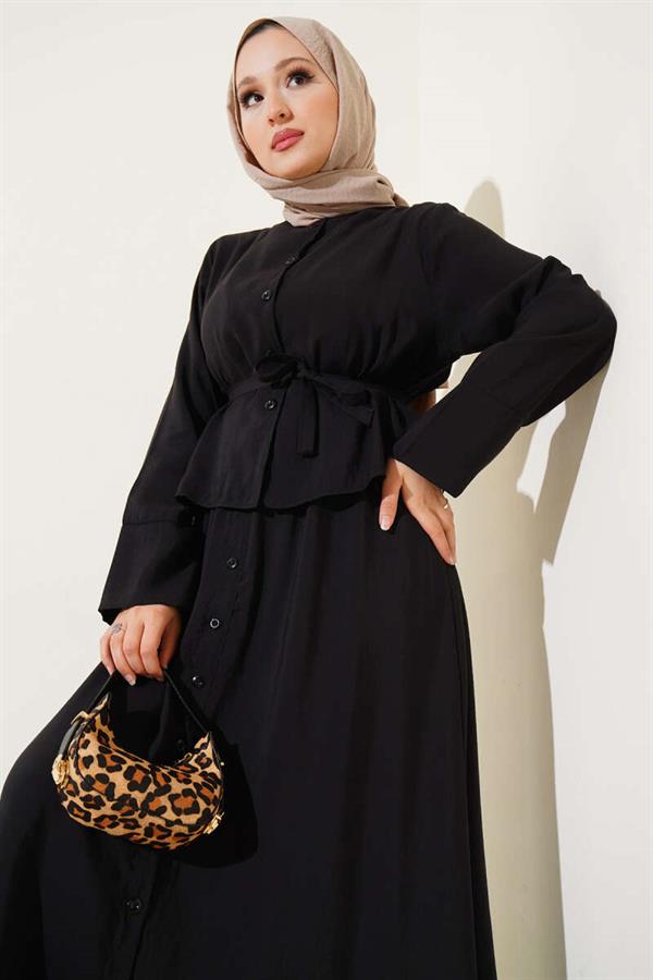 Buttoned Belted Vest 2 Piece Set Black