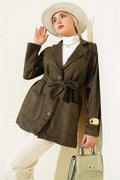 Buttoned Belted Suede Jacket Khaki