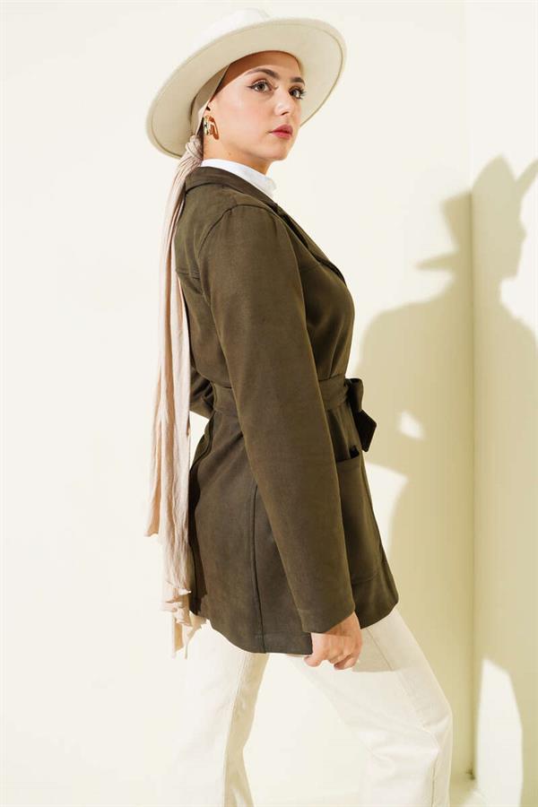 Buttoned Belted Suede Jacket Khaki