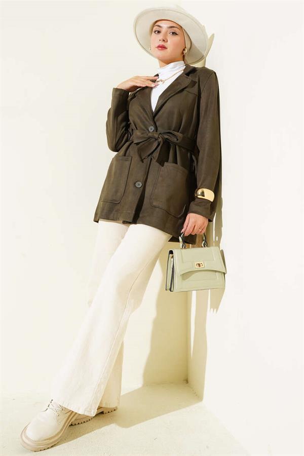 Buttoned Belted Suede Jacket Khaki