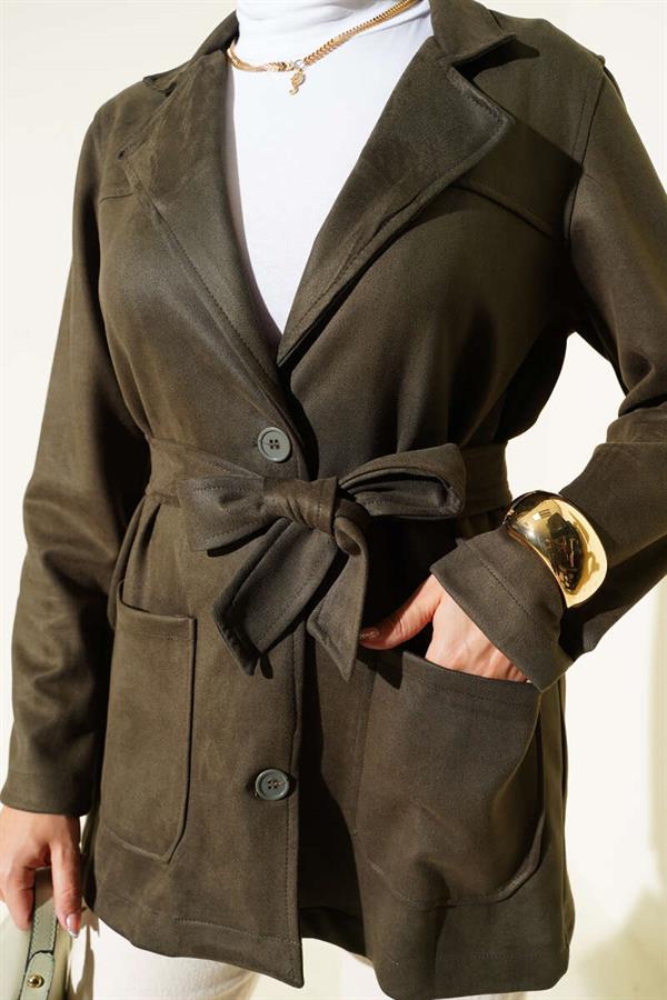 Buttoned Belted Suede Jacket Khaki