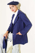 Buttoned Belted Suede Jacket Navy Blue
