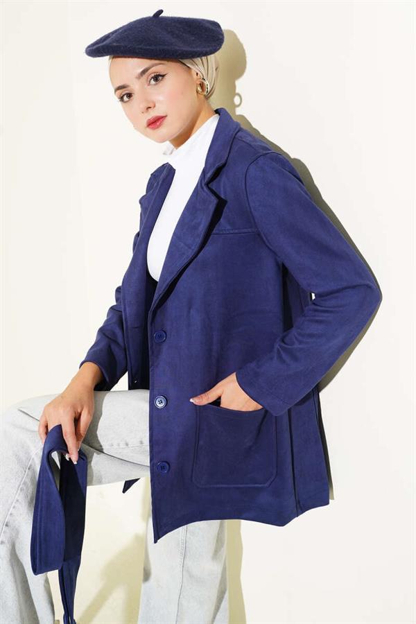 Buttoned Belted Suede Jacket Navy Blue