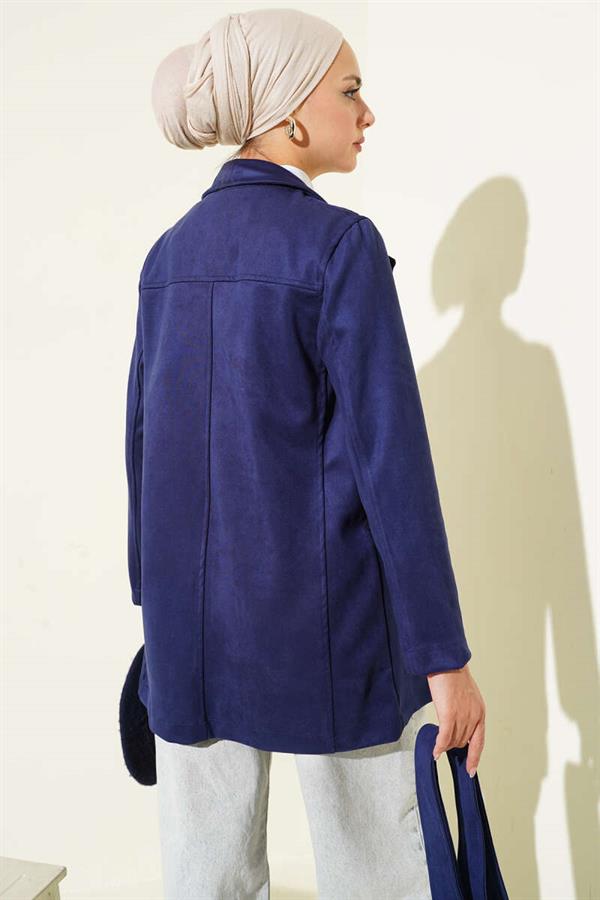 Buttoned Belted Suede Jacket Navy Blue