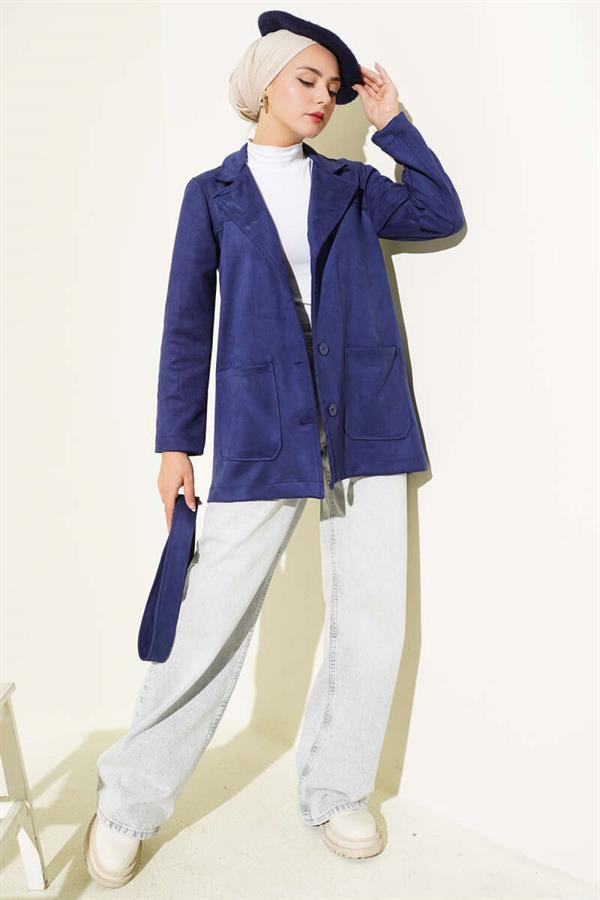 Buttoned Belted Suede Jacket Navy Blue