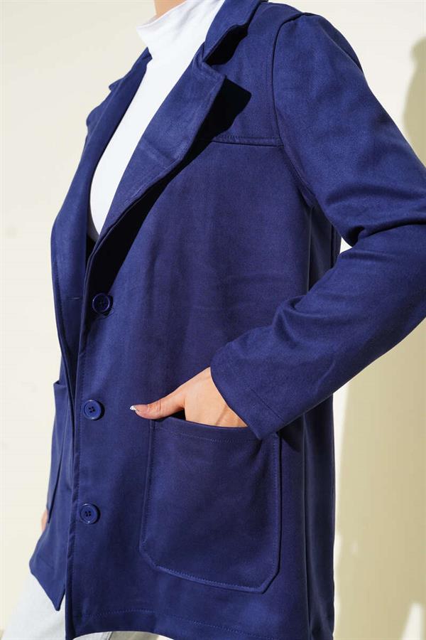 Buttoned Belted Suede Jacket Navy Blue