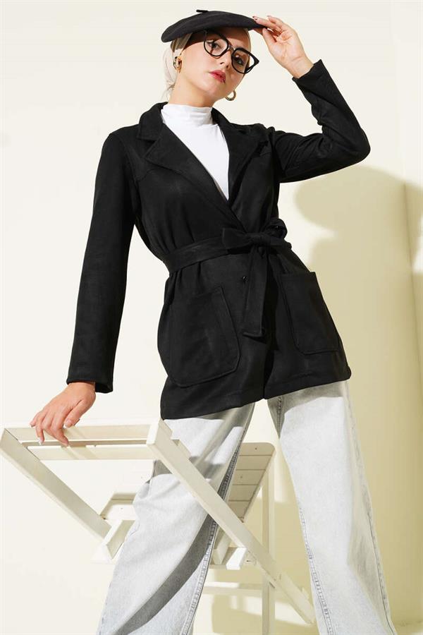 Buttoned Belted Suede Jacket Black