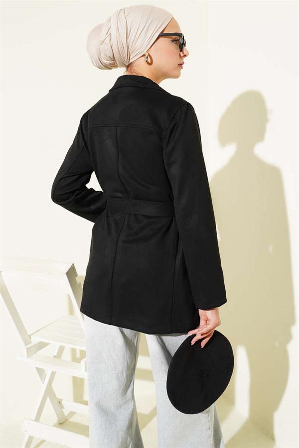 Buttoned Belted Suede Jacket Black