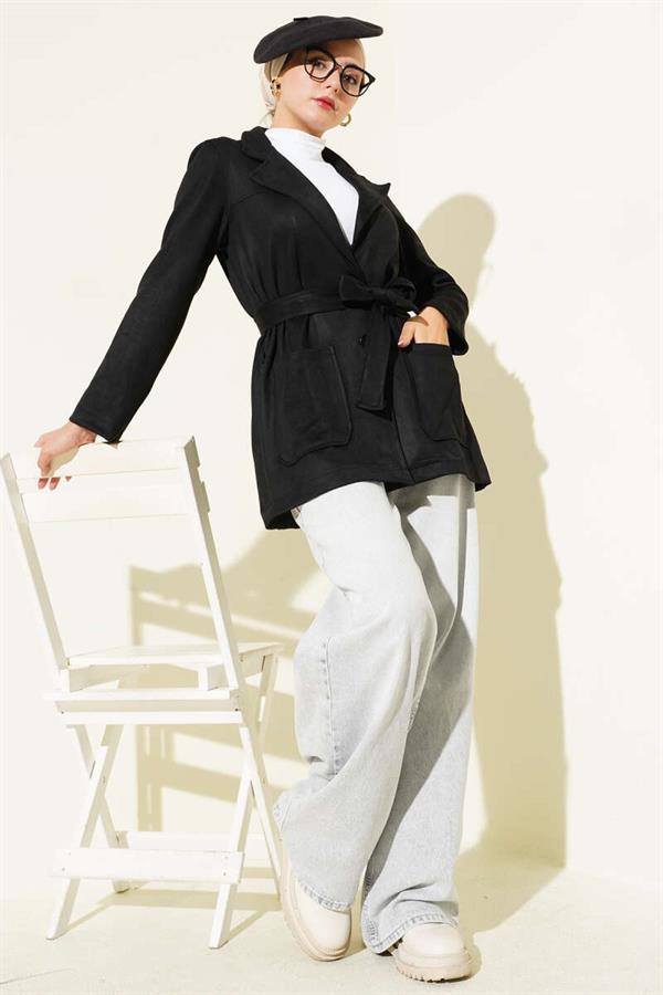 Buttoned Belted Suede Jacket Black