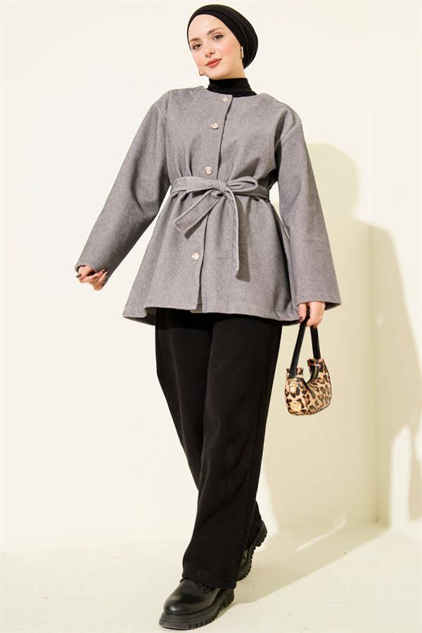 Buttoned Belted Foal Fur Jacket Gray