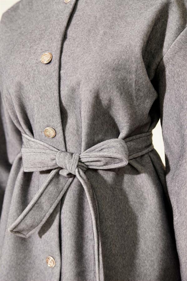 Buttoned Belted Foal Fur Jacket Gray