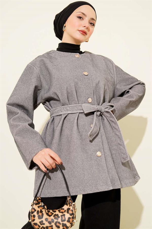 Buttoned Belted Foal Fur Jacket Gray