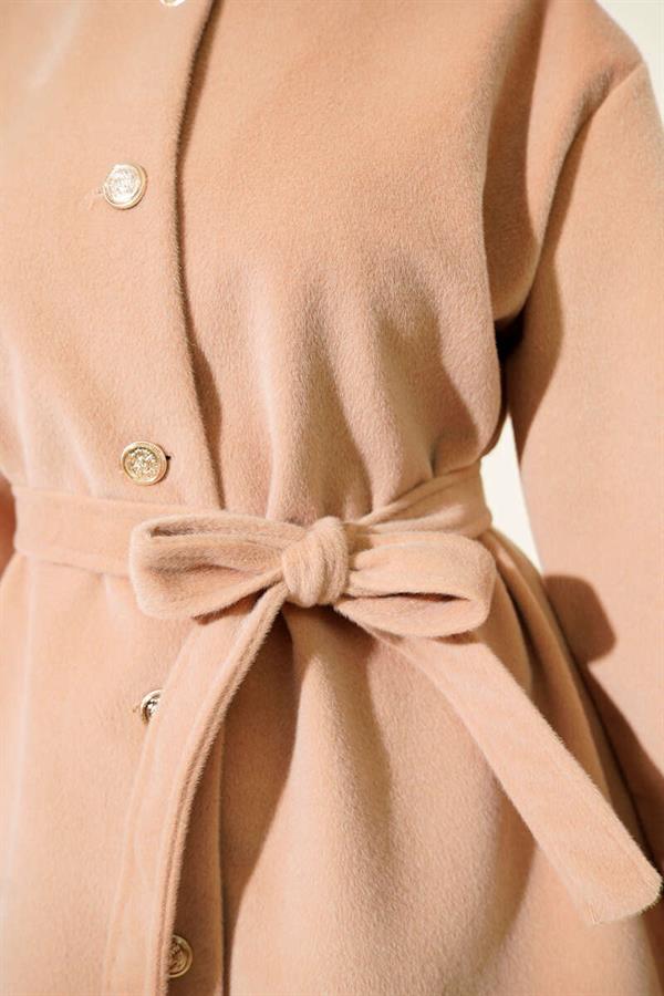 Buttoned Belted Thai Feather Jacket Latte