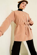 Buttoned Belted Thai Feather Jacket Latte