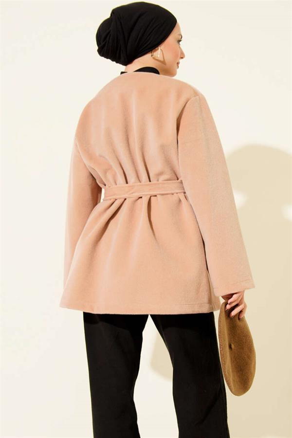 Buttoned Belted Thai Feather Jacket Latte