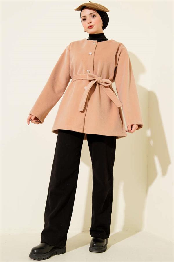 Buttoned Belted Thai Feather Jacket Latte