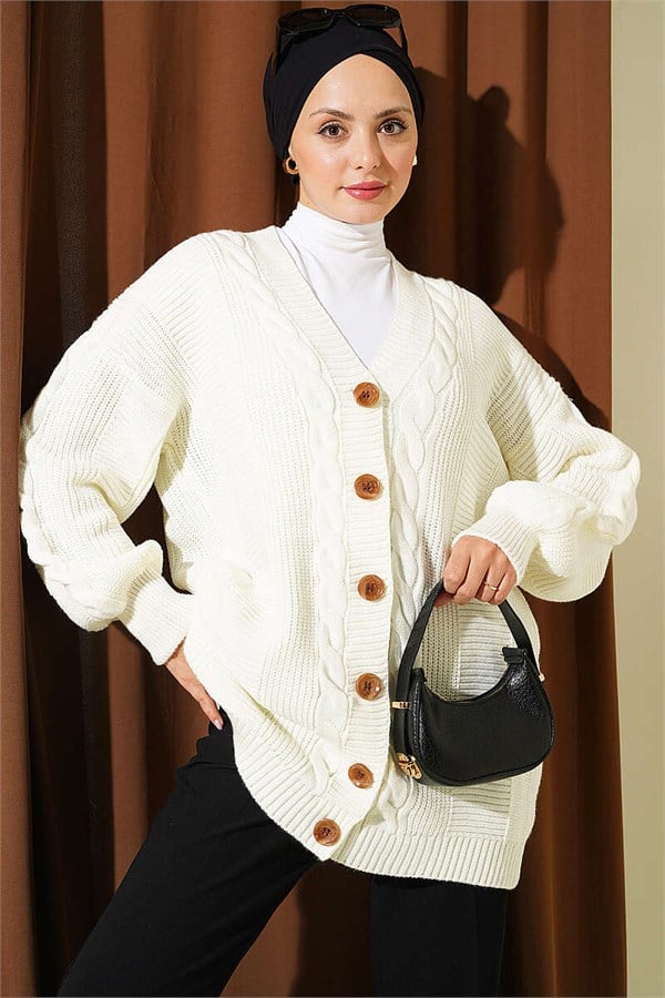 Buttoned Knitted Cardigan, Ecru