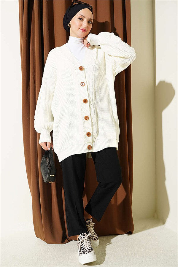 Buttoned Knitted Cardigan, Ecru
