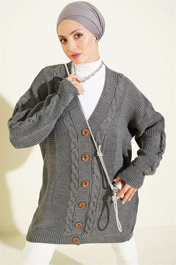 Buttoned Knitted Cardigan, Dark Gray
