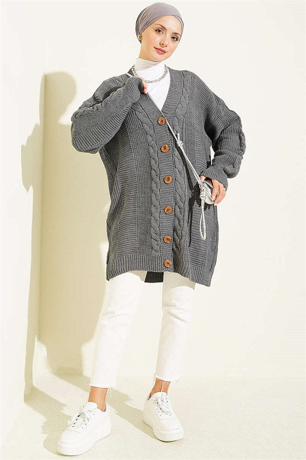 Buttoned Knitted Cardigan, Dark Gray