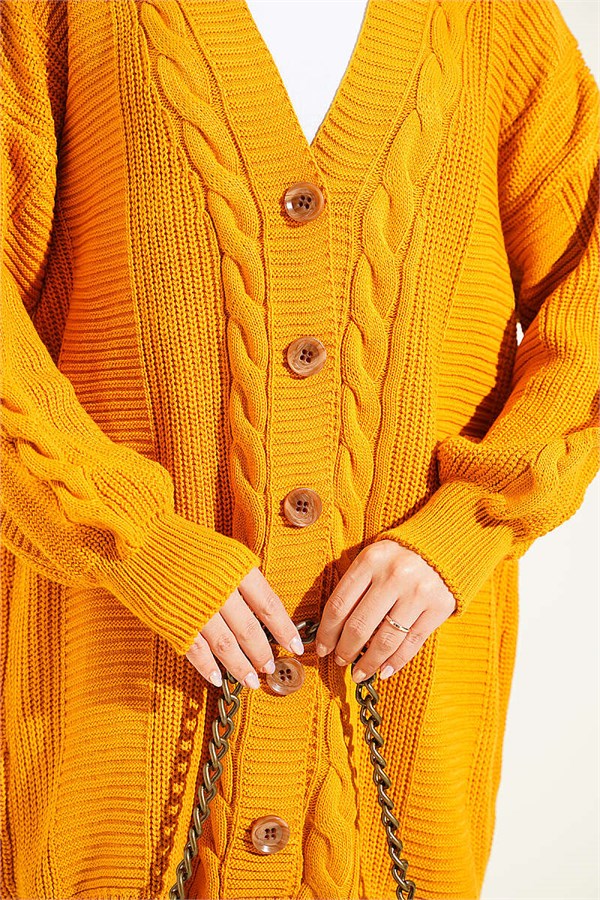 Buttoned Knitted Cardigan with Detail, Mustard Color
