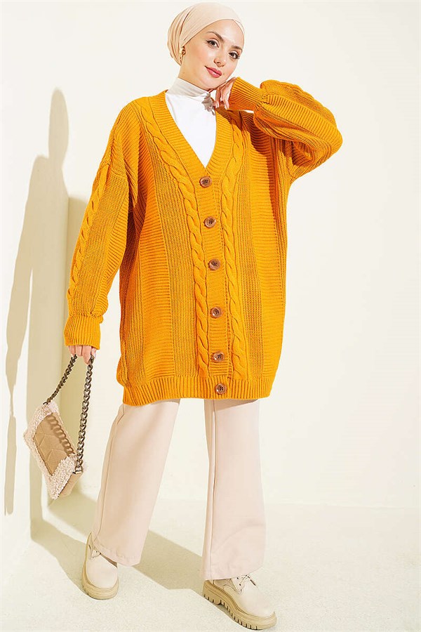 Buttoned Knitted Cardigan with Detail, Mustard Color