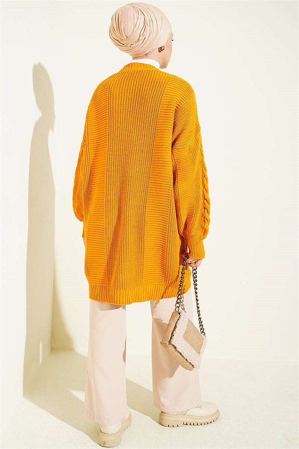 Buttoned Knitted Cardigan with Detail, Mustard Color