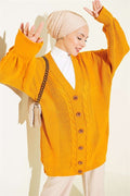 Buttoned Knitted Cardigan with Detail, Mustard Color