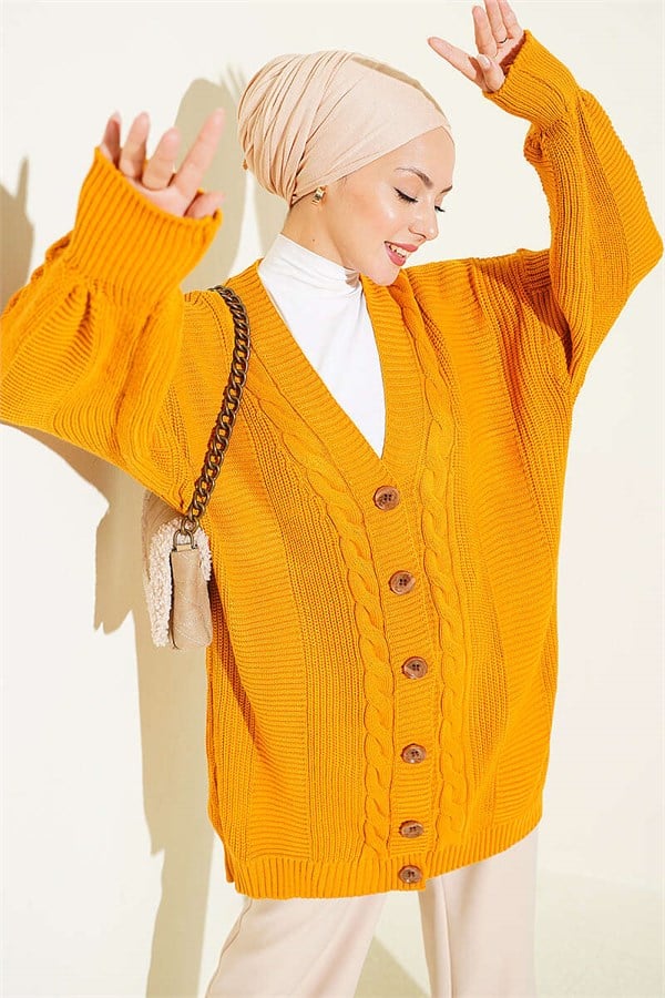 Buttoned Knitted Cardigan with Detail, Mustard Color