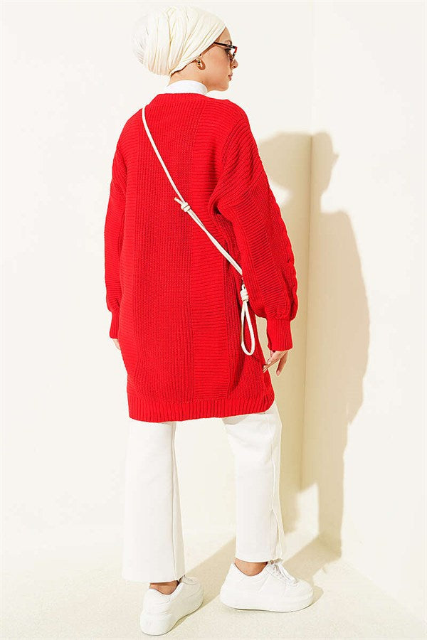 Buttoned Knitted Cardigan with Detail, Red