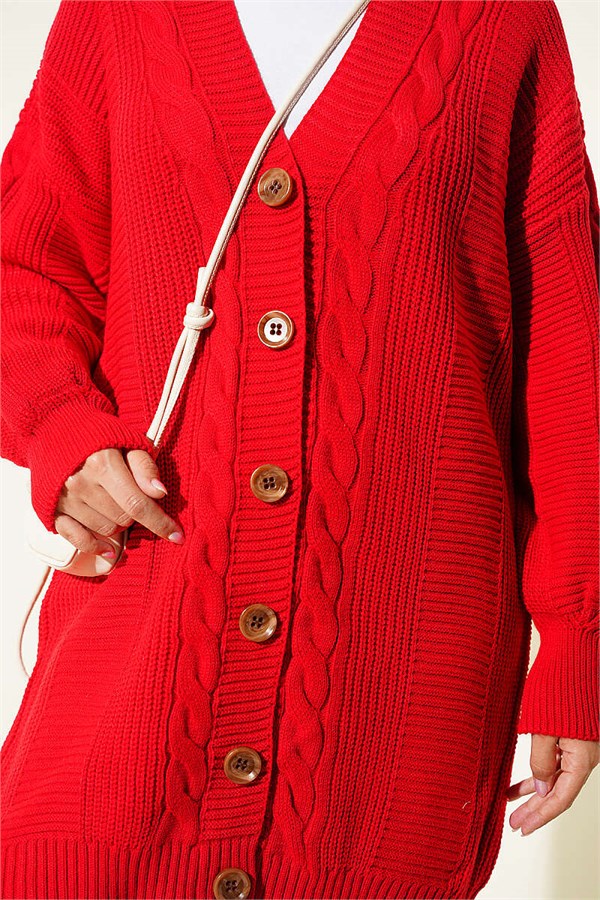 Buttoned Knitted Cardigan with Detail, Red