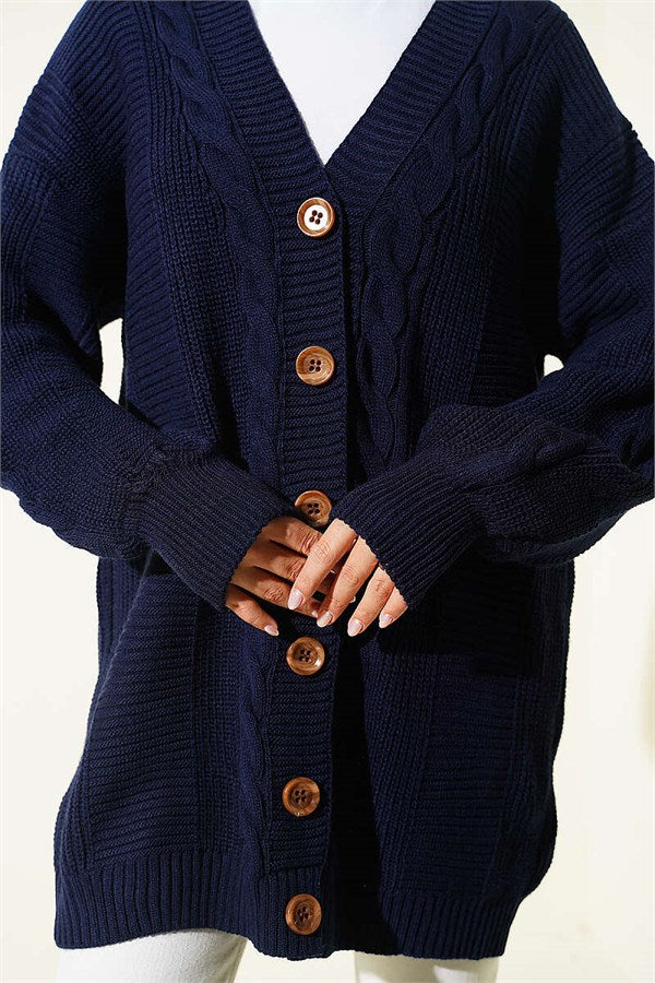 Buttoned Knitted Cardigan with Detail, Navy Blue