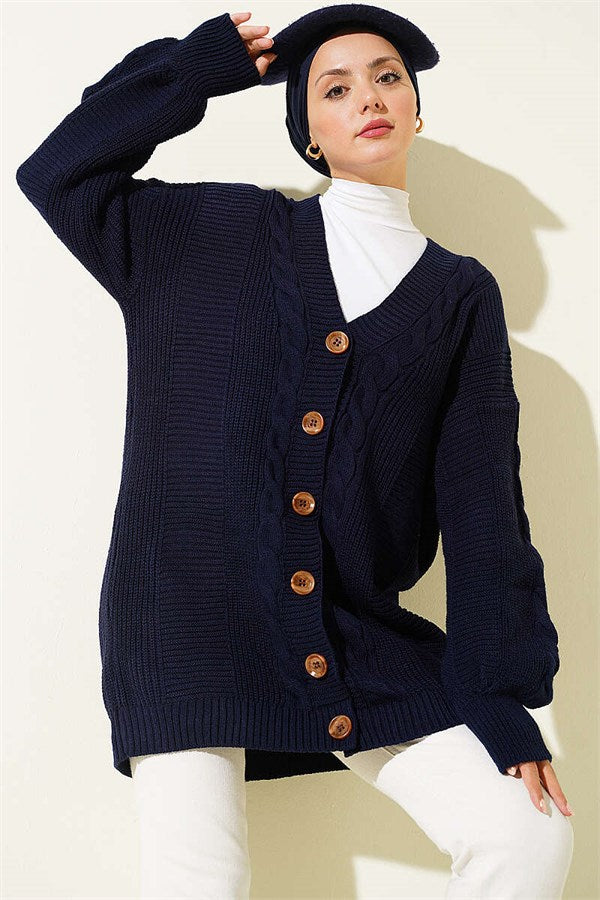 Buttoned Knitted Cardigan with Detail, Navy Blue