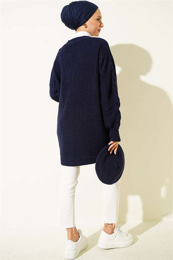 Buttoned Knitted Cardigan with Detail, Navy Blue