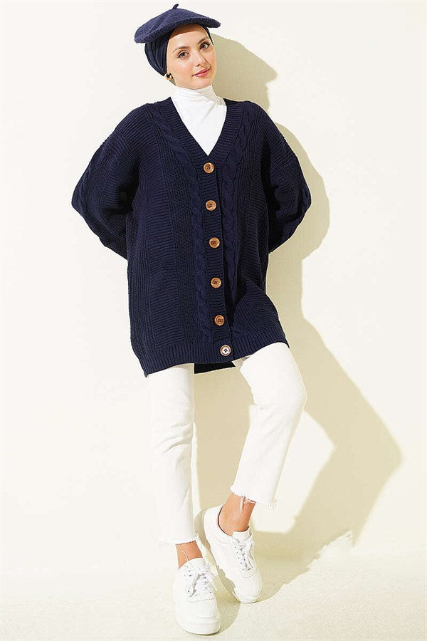 Buttoned Knitted Cardigan with Detail, Navy Blue