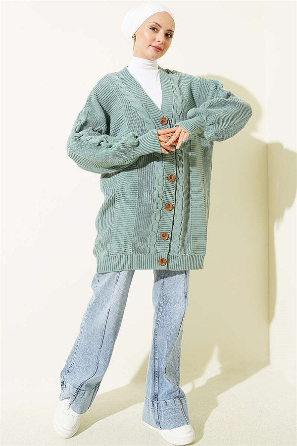 Buttoned Knitted Cardigan with Detail, Mint