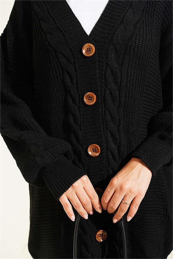 Buttoned Knitted Cardigan with Detail, Black