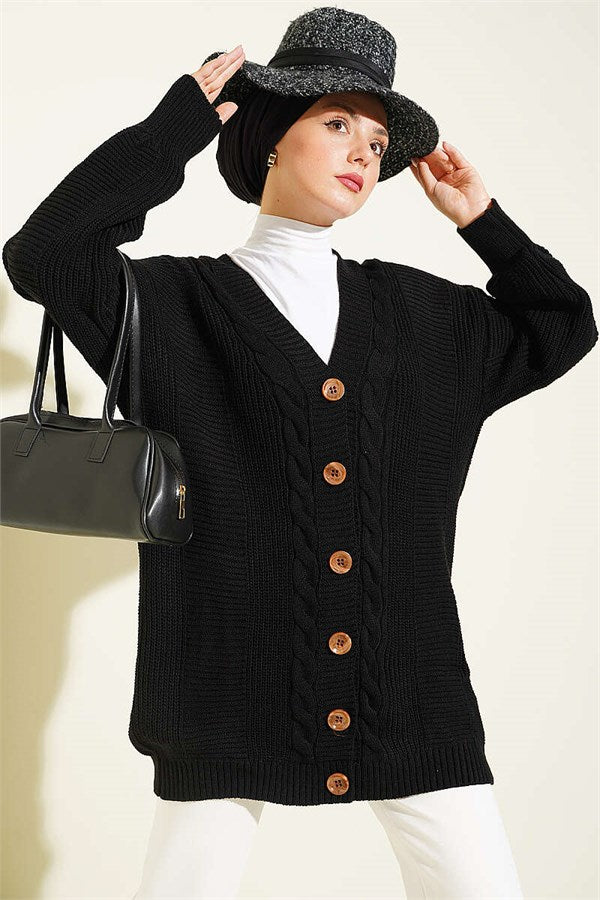 Buttoned Knitted Cardigan with Detail, Black
