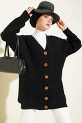 Buttoned Knitted Cardigan with Detail, Black
