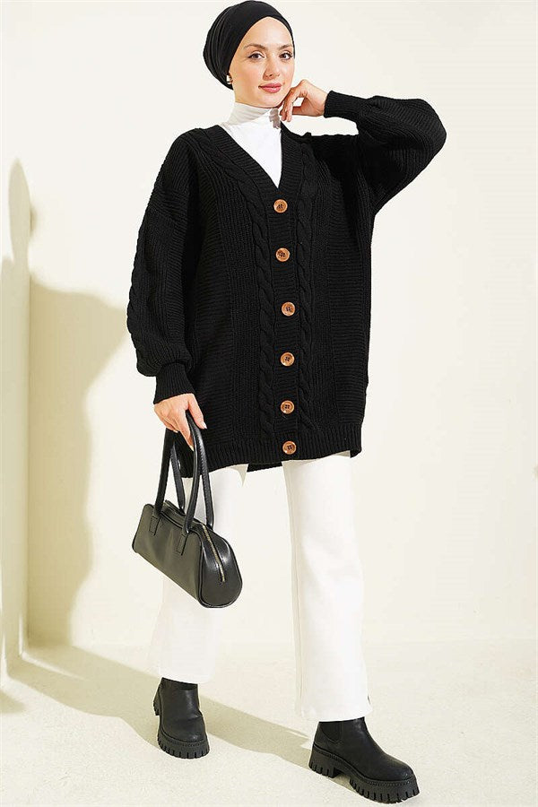 Buttoned Knitted Cardigan with Detail, Black