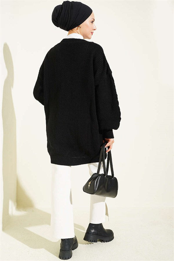 Buttoned Knitted Cardigan with Detail, Black