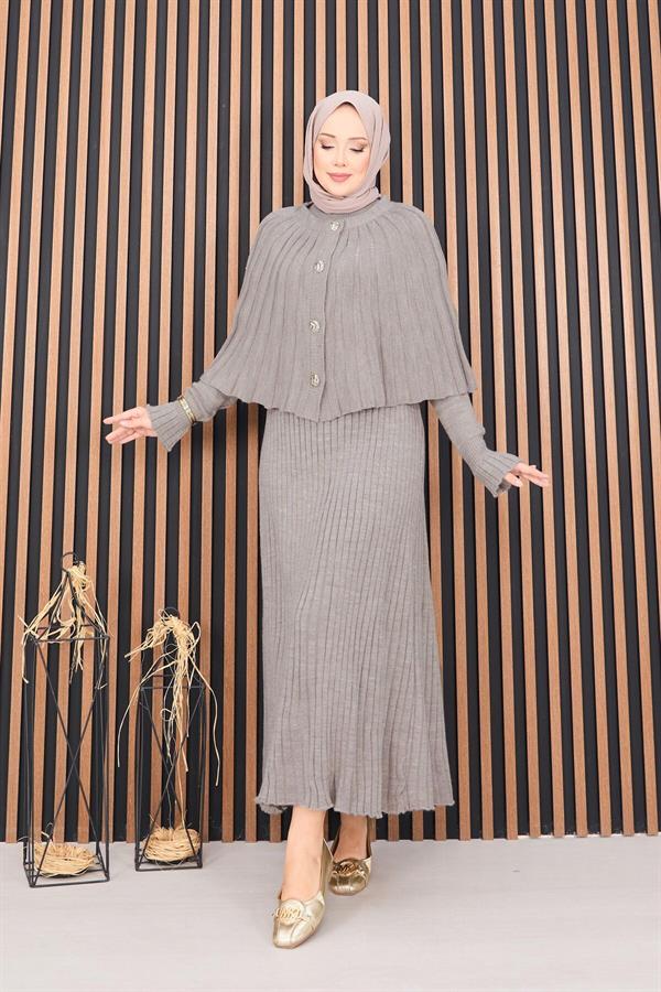Buttoned Cape & Knitted Dress Hijab 2 Piece Set Mink