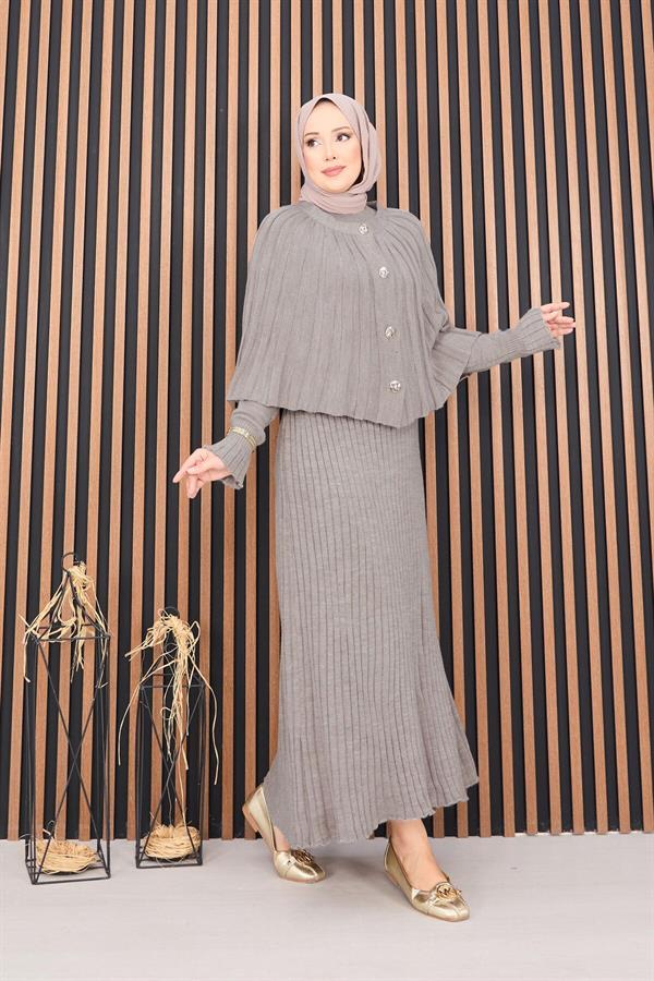 Buttoned Cape & Knitted Dress Hijab 2 Piece Set Mink