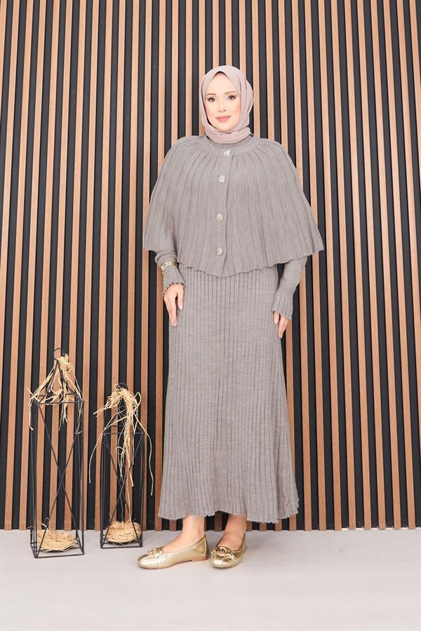 Buttoned Cape & Knitted Dress Hijab 2 Piece Set Mink