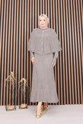 Buttoned Cape & Knitted Dress Hijab 2 Piece Set Mink