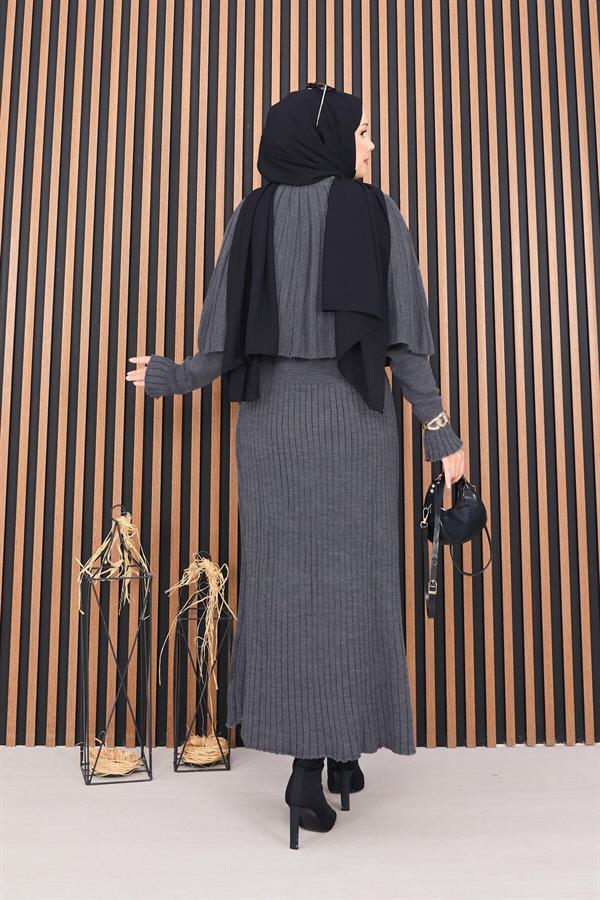 Buttoned Cape & Knitted Dress Hijab 2 Piece Set Gray